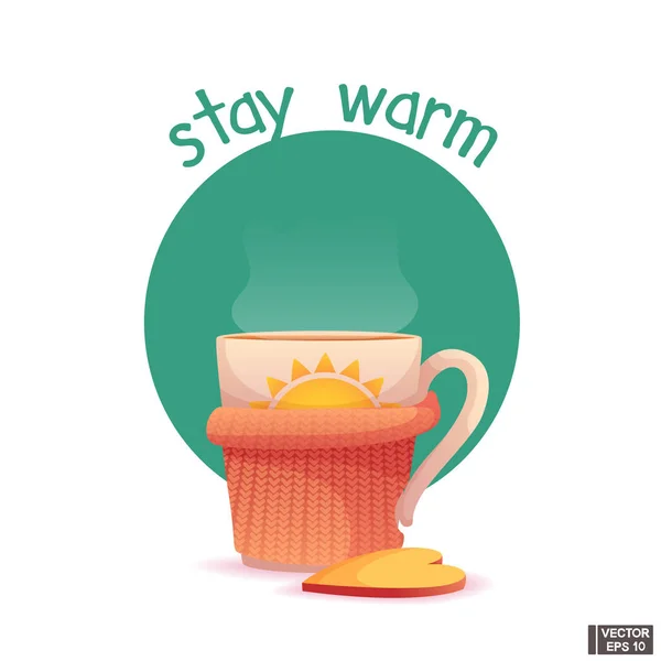 Warm bleiben. Becher mit heißem Tee und Lebkuchen. — Stockvektor