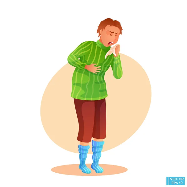 Cartoon character sick man coughs and holds a handkerchief. — Stock Vector