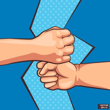 Two fist bump top and down. Color comic book pop art. clipart