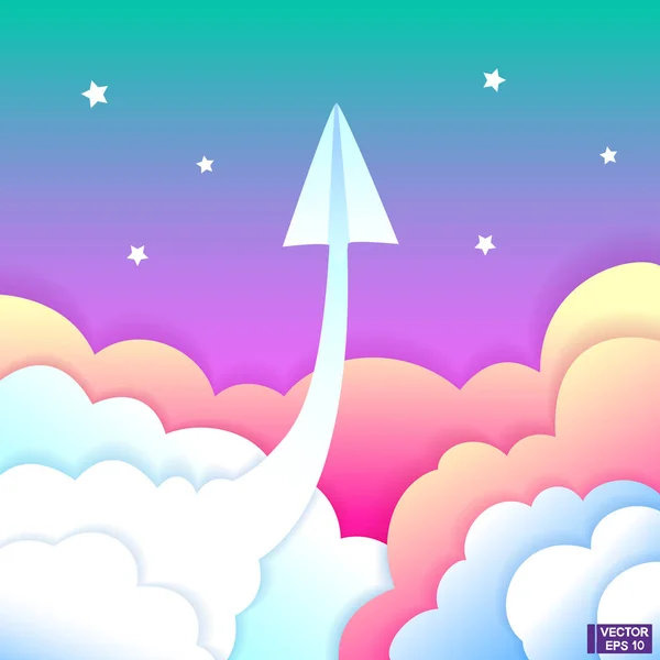 Cartoon papier vliegtuig vliegt naar de hemel. — Stockvector