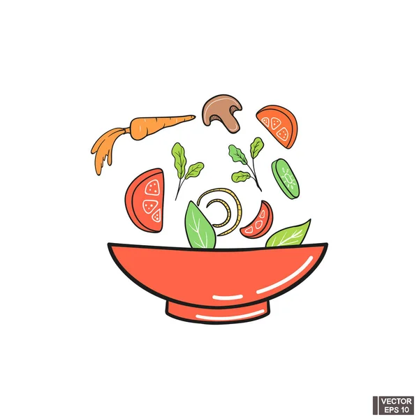 Ensalada Icono, plato con verduras y hierbas en ella — Vector de stock