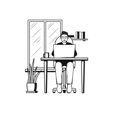 Masasındaki adam evdeki dizüstü bilgisayarda çalışıyor..