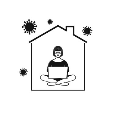 Evde bilgisayarla çalışan bir kadın. Ev simgesinde kal