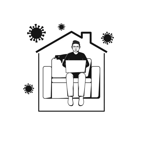 Homme Assis Sur Canapé Travaillant Avec Ordinateur Maison Concept Illustration — Image vectorielle