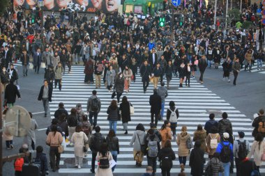 Tokyo/Japonya-Ocak 14 2018: Japonca Shibuya sokakta yol çapraz. Shibuya, Tokyo ünlü iş alanında biridir.