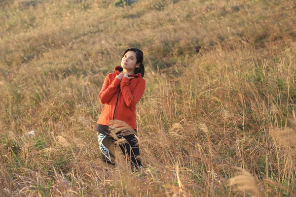 Sporty Hiking Asian Girl Meadow — Stock Photo, Image