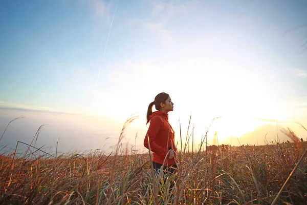 Fille Sportive Marcher Sur Prairie — Photo