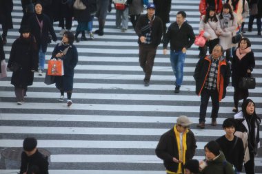 Tokyo/Japonya-Ocak 14 2018: Japonca Shibuya sokakta yol çapraz. Shibuya, Tokyo ünlü iş alanında biridir.