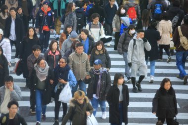 Tokyo/Japonya-Ocak 14 2018: Japonca Shibuya sokakta yol çapraz. Shibuya, Tokyo ünlü iş alanında biridir.