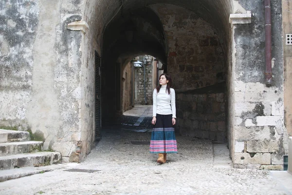 Girl Visit Old Town Dubrovnik — Stock Photo, Image