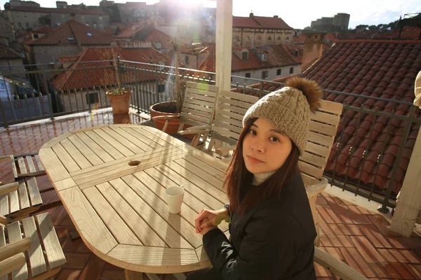 Girl Have Coffee Balcony — Stock Photo, Image