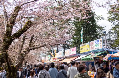 Hirosaki, Japonya - 19 Nisan 2025: Hirosaki Kiraz Çiçeği Festivali sırasında kalabalık Japonlar, Hirosaki parkındaki panayıra bakıyorlar