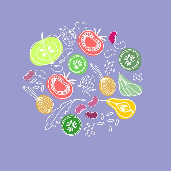 Adorno circular de frutas y verduras para el diseño de superficies, carteles, ilustraciones. Tema de alimentos saludables y vegetarianos — Vector de stock