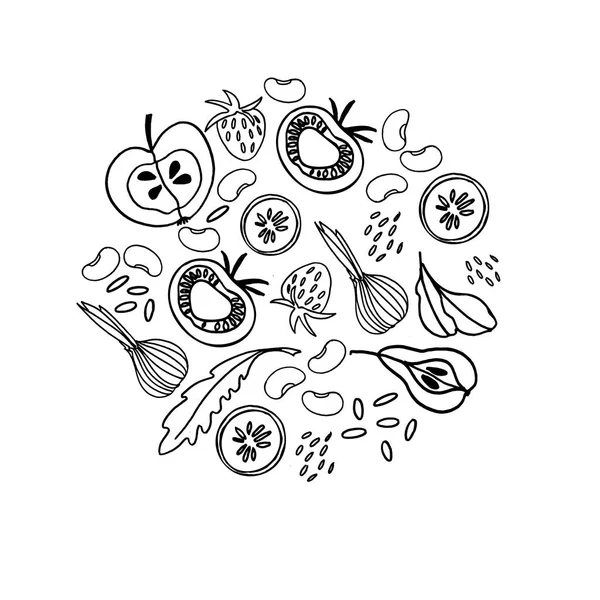 果物、野菜、豆、緑と円形の装飾。塗り絵用白黒イラスト — ストックベクタ