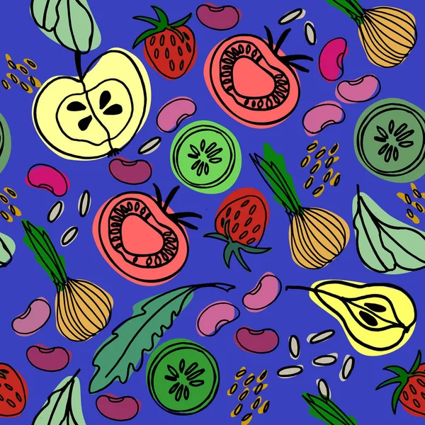 Ręcznie rysowane bezszwowe wzór z owocami i warzywami do projektowania powierzchni, plakaty, ilustracje. Temat zdrowej żywności — Wektor stockowy