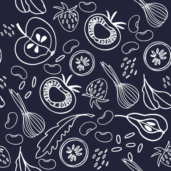 Yüzey tasarımı için meyve ve sebzeler ile el çizilmiş ikili dikişsiz desen. Sağlıklı gıdalar teması — Stok Vektör