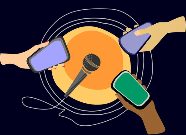 Podcasting ve web radyo kavramı. Mikrofona doğrultulan akıllı telefonlar ile farklı renklerde üç el
