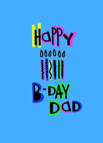 Bonita tarjeta de felicitación de cumpleaños para un padre. Letras de dibujos animados y velas sobre un fondo azul — Vector de stock