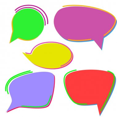 Parlak renkli el çizilmiş konuşma kabarcıkları kümesi. Beyaz arka planda yalıtılmış