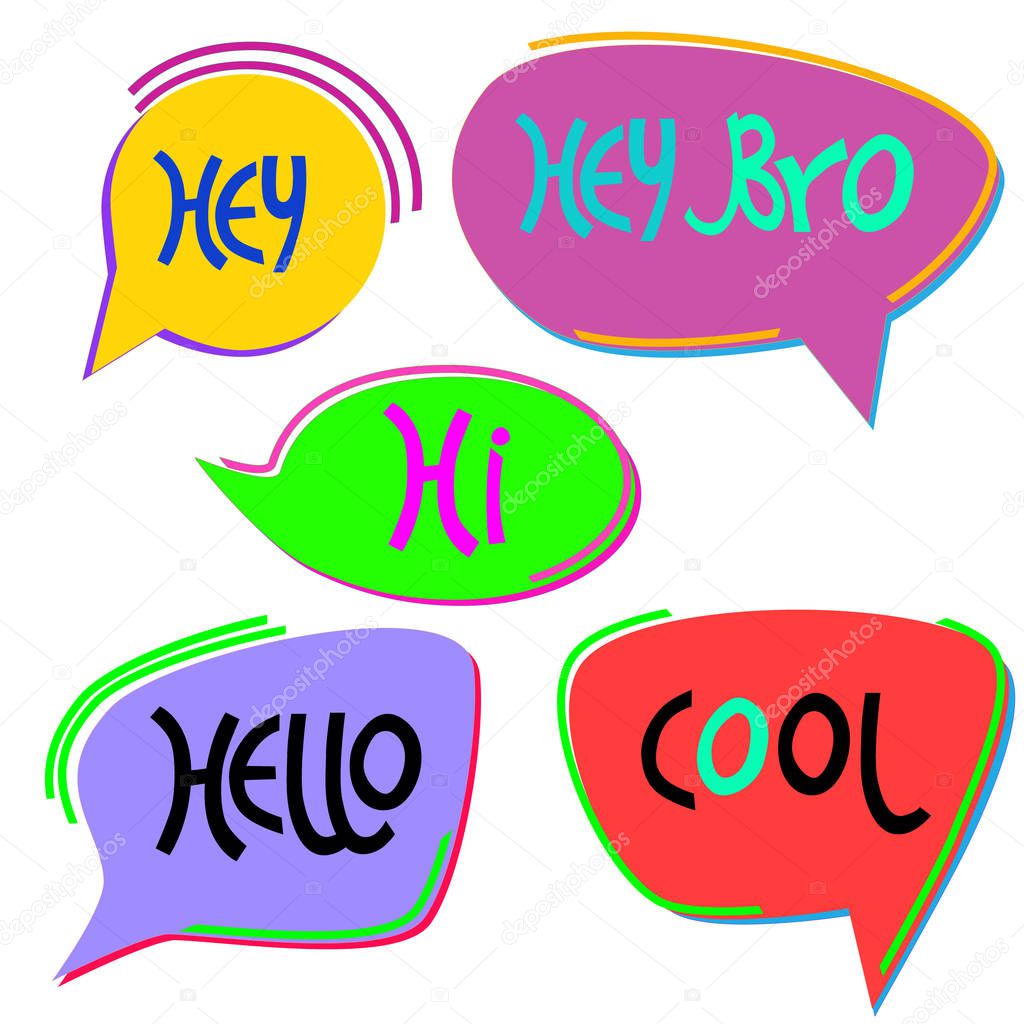 Set of hand drawn bubbles with words commonly used in chatting. Brightly-colored talk balloons. Isolated on white