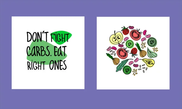 Serie di illustrazioni che riflettono un'idea di nutrizione equilibrata. Uso per la progettazione di superfici, banner, poster, social media — Vettoriale Stock