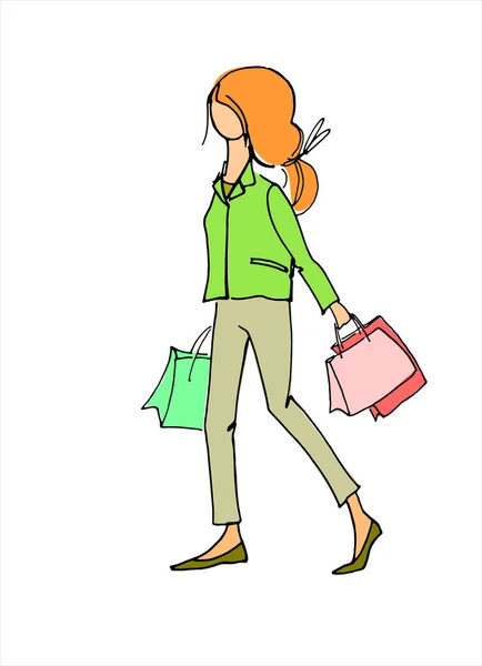 Mladá žena s nákupními taškami ruka kreslené vektorovou ilustrací. Koncept nakupování a prodeje. Izolovaný prvek návrhu — Stockový vektor