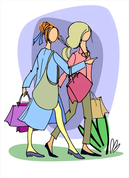 Dos mujeres jóvenes con bolsas de compras. Ilustración vectorial dibujada a mano. Concepto de compras, venta al por menor, venta — Vector de stock