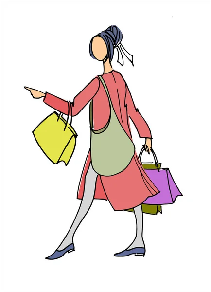 Mujer joven con abrigo y bolsas de compras. Ilustración vectorial dibujada a mano. Concepto de compras, venta al por menor, venta — Archivo Imágenes Vectoriales