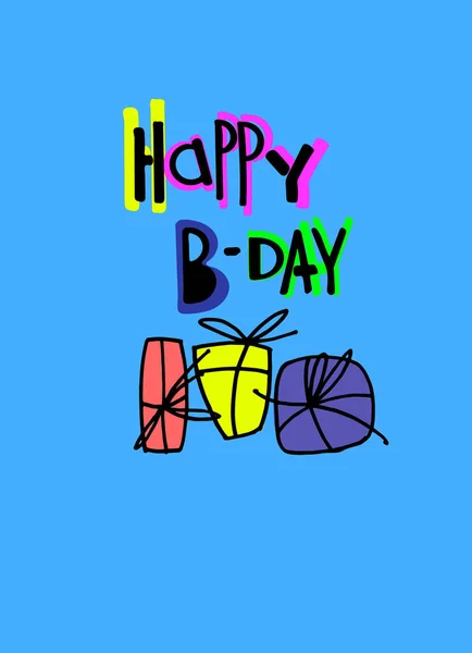 Tarjeta de felicitación de cumpleaños de moda. Letras multicolores de estilo de dibujos animados sobre un fondo azul con regalos dibujados a mano — Vector de stock