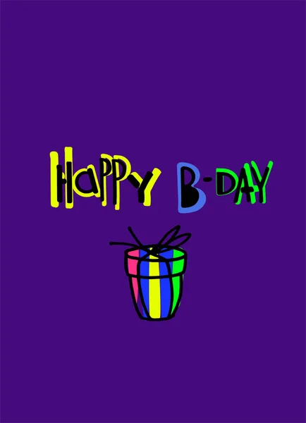 Tarjeta de felicitación de cumpleaños de moda. Letras multicolores estilo caricatura sobre un fondo violeta con regalos dibujados a mano — Vector de stock