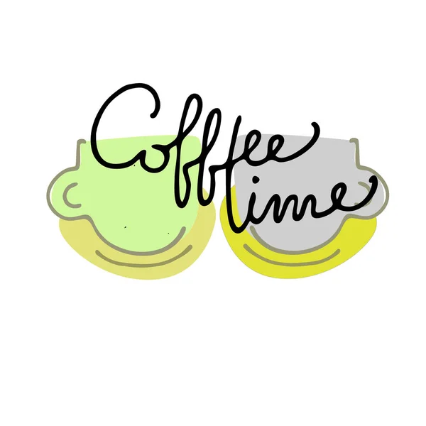 Dos copas dibujadas a mano de moda y elegante inscripción Hora del café. Aislado en el blanco — Vector de stock