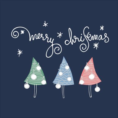 Çağdaş tarzda Mutlu Noeller tebrik kartı. El çizilmiş Noel ağaçları, kar taneleri, yazı, mavi arka plan