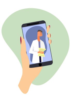 Online tıbbi danışma kavramı. Tıbbi uygulama pazarlama afişi. Ekranda bir doktor ile el tutma akıllı telefon