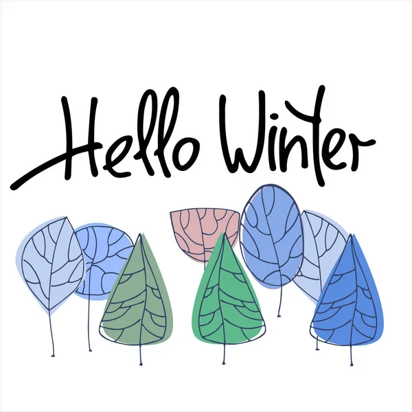 Hola Letras de invierno con árboles de invierno estilizados sobre fondo blanco — Archivo Imágenes Vectoriales