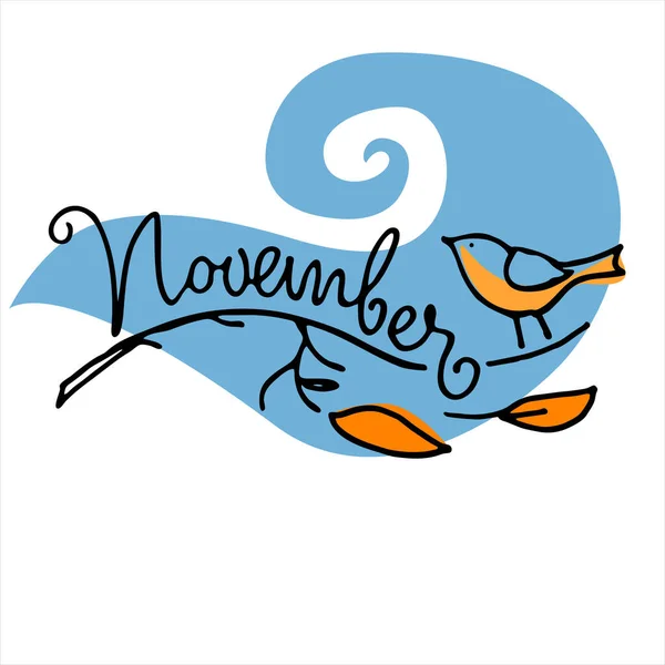 Logo měsíce listopadu. Podzimní sezónní zázemí. Rukopis, pták na holé větvi, padající listí — Stockový vektor
