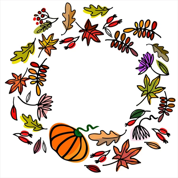 有南瓜的花框,秋天的叶子和花朵. 感恩节背景，贺卡，传单，邀请函 — 图库矢量图片
