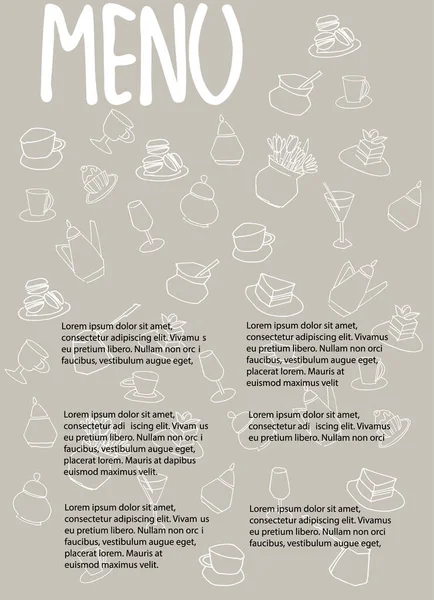 Plantilla de diseño de menú de café con lugar para su texto. Decorado con copas dibujadas a mano, ollas, vasos, pasteles, pasteles — Vector de stock