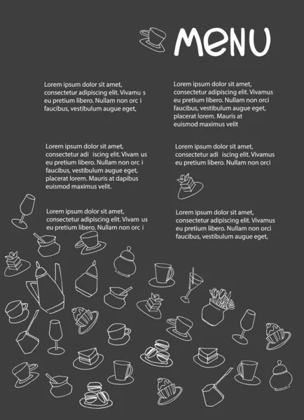 Modelo de design de menu Cafe com lugar para o seu texto. Decorado com copos desenhados à mão, panelas, copos, bolos, pastelaria —  Vetores de Stock