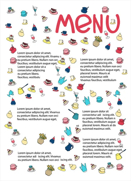 Modelo de design de menu Cafe com lugar para o seu texto. Decoração colorida com copos desenhados à mão, panelas, copos, bolos — Vetor de Stock