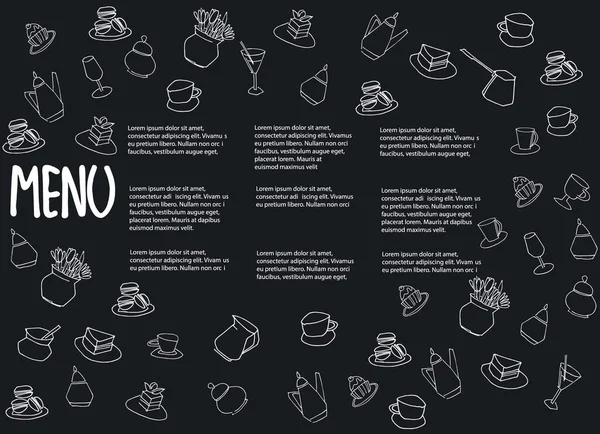 Plantilla de diseño de menú de café con lugar para su texto. Decorado con copas dibujadas a mano, ollas, vasos, pasteles, pasteles — Vector de stock