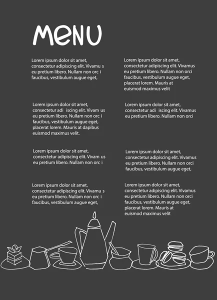 Café-Menü-Design-Vorlage mit Platz für Ihren Text. Dekoriert mit handgezogenen Tassen, Töpfen, Gläsern, Kuchen, Gebäck — Stockvektor