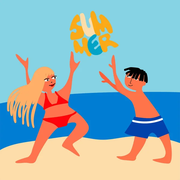 Zabawa piłką z liternictwa letniego na plaży morskiej. Koncepcja wakacji. Ilustracja wektora w stylu płaskim — Wektor stockowy