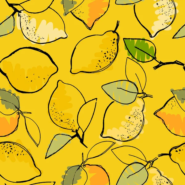 表面デザイン、ポスター、イラスト用レモン付きのシームレスなパターン。健康的なビーガンフード,トロピカルフルーツのテーマ — ストックベクタ