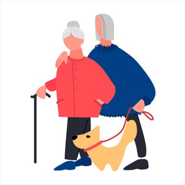 Köpeği gezdiren yaşlı insanlar. Üst düzey bir çift birlikte yürümekten zevk alıyor. Düz biçimli vektör illüstrasyonu