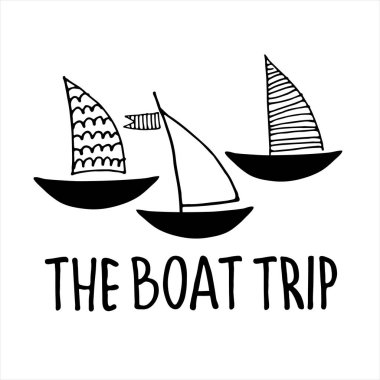 Tekne gezileri logosu. Tekne turları, gezi güzergahları afişleri. Yat el çizimi vektör çizimleri harflerle