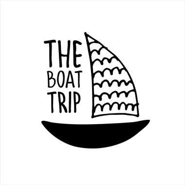 Tekne gezileri logosu. Tekne turları, gezi güzergahları afişleri. Yat el çizimi vektör çizimi harflerle