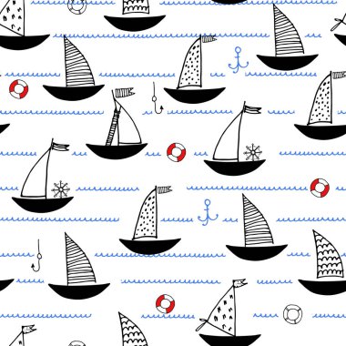 Elle çizilmiş yelkenli tekneler, çapalar, yüzey tasarımı için olta iğneleri ve diğer tasarım projeleriyle kusursuz desen