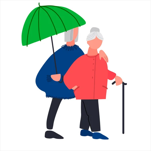 Old people walking under umbrella. Senior couple enjoying a walk together in the rain. Vector illustration in flat style — Stock Vector