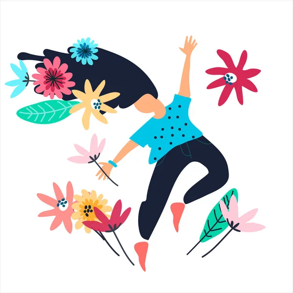 Junge Frau tanzt und amüsiert sich inmitten von Blumen. Sommerkonzept. Konzept Glück, Liebe und Freude — Stockvektor
