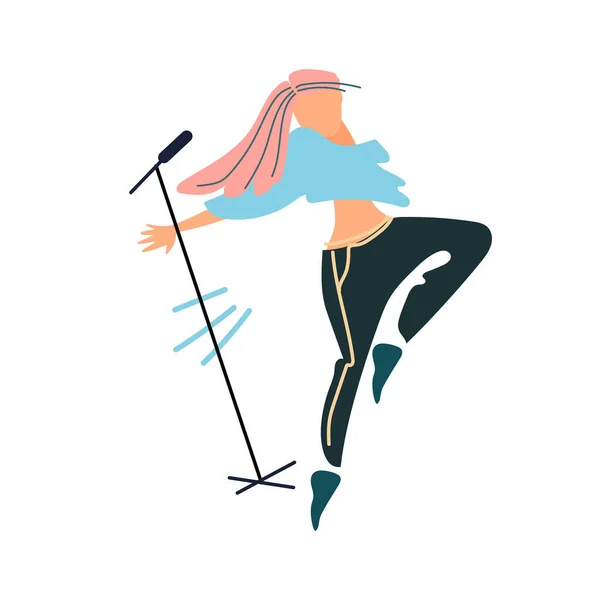 Tanzende Popsängerin am Bühnenmikrofon. Vektorillustration im flachen Stil — Stockvektor